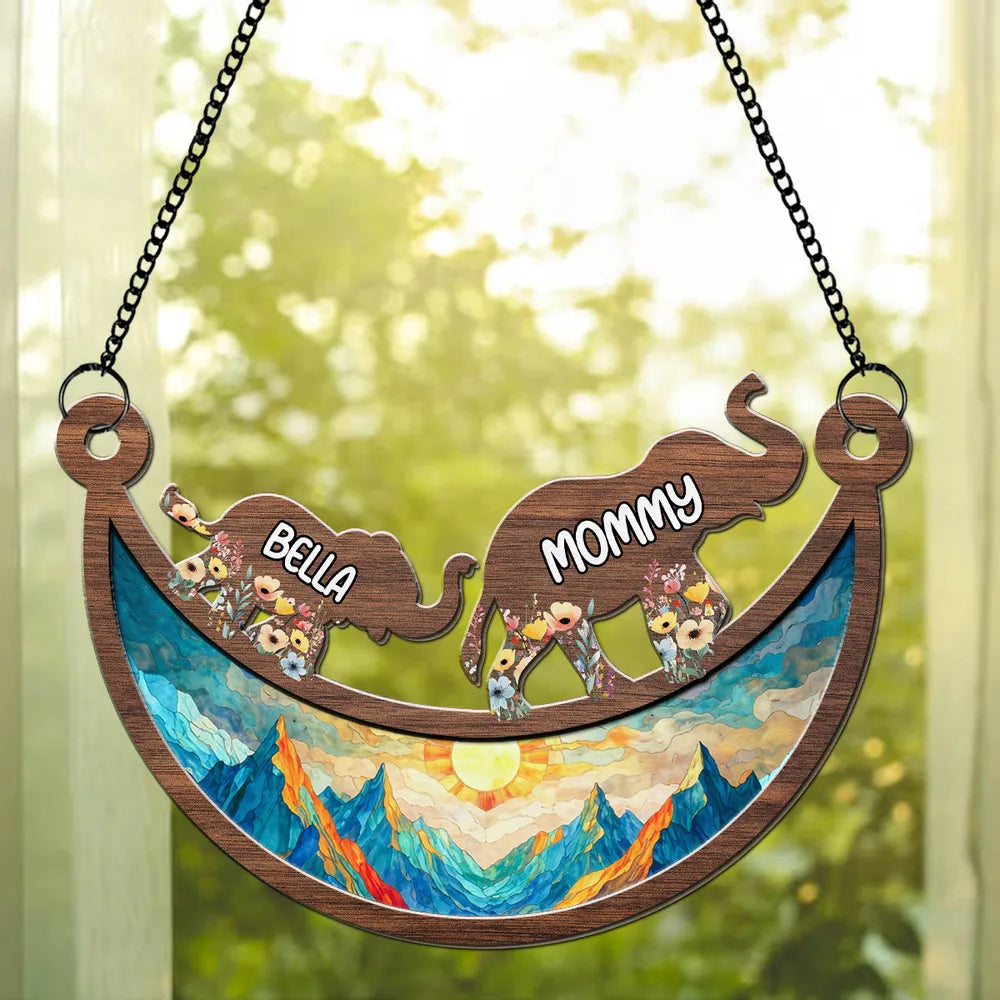 Personalized Elephant Family Wood and Acrylic Layered Ornament, Colorful Sunset Suncatcher Style, Unique Gift for Mom or Grandma