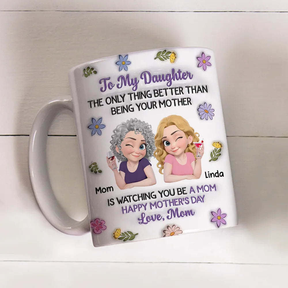 Personalized Mother Daughter Ceramic Mug with Cute Cartoon and Floral Accents - Unique Mother's Day Gift for Your Daughter