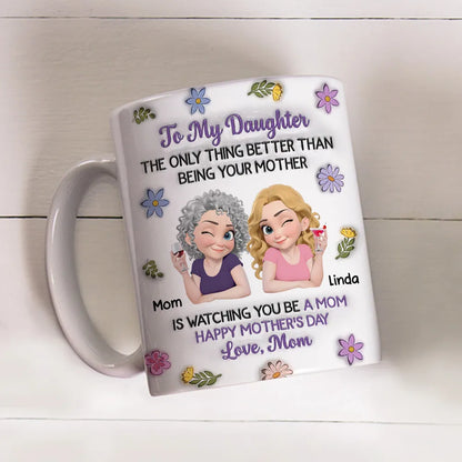 Personalized Mother Daughter Ceramic Mug with Cute Cartoon and Floral Accents - Unique Mother's Day Gift for Your Daughter