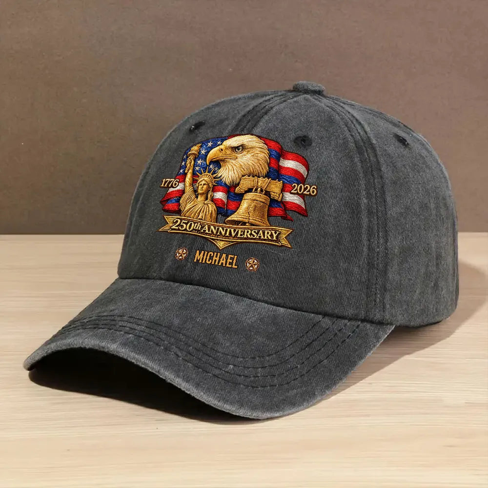 Personalized Washed Denim Baseball Cap with Patriotic Eagle Flag 250th Anniversary Design - Unique Gift for History Lovers