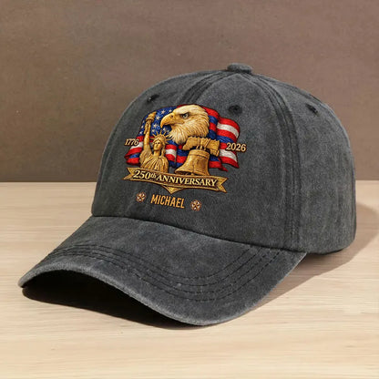 Personalized Washed Denim Baseball Cap with Patriotic Eagle Flag 250th Anniversary Design - Unique Gift for History Lovers