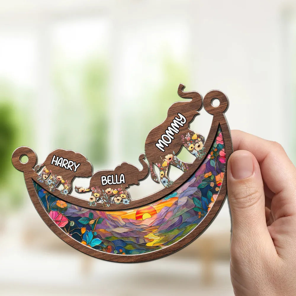Personalized Elephant Family Wood and Acrylic Layered Ornament, Colorful Sunset Suncatcher Style, Unique Gift for Mom or Grandma