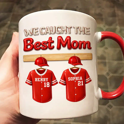 Personalized Baseball Mom Two-Tone Mug 'We Caught The Best Mom' Jersey Design - Unique Gift for Mom