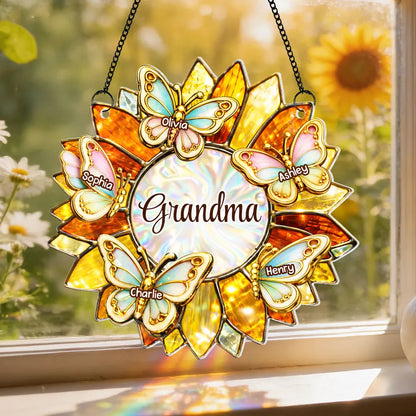 Grandma Sunflower Acrylic Suncatcher Ornament With Butterflies, A Sweet Personalized Gift That Lights Up Her Window