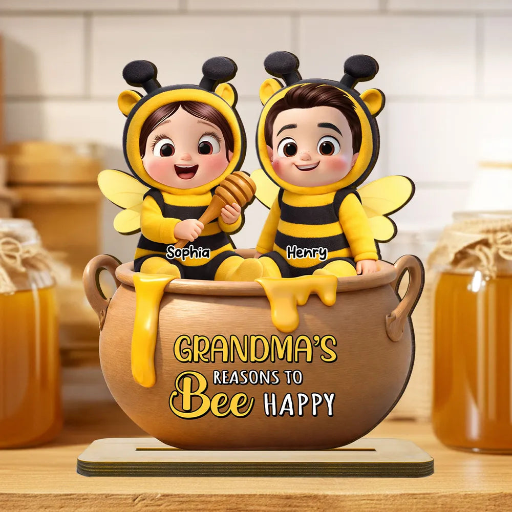 Personalized 2-Layer Wooden Plaque Grandma's Reasons to Bee Happy - Cute Cartoon Kids in Honey Pot, Unique Gift for Grandma