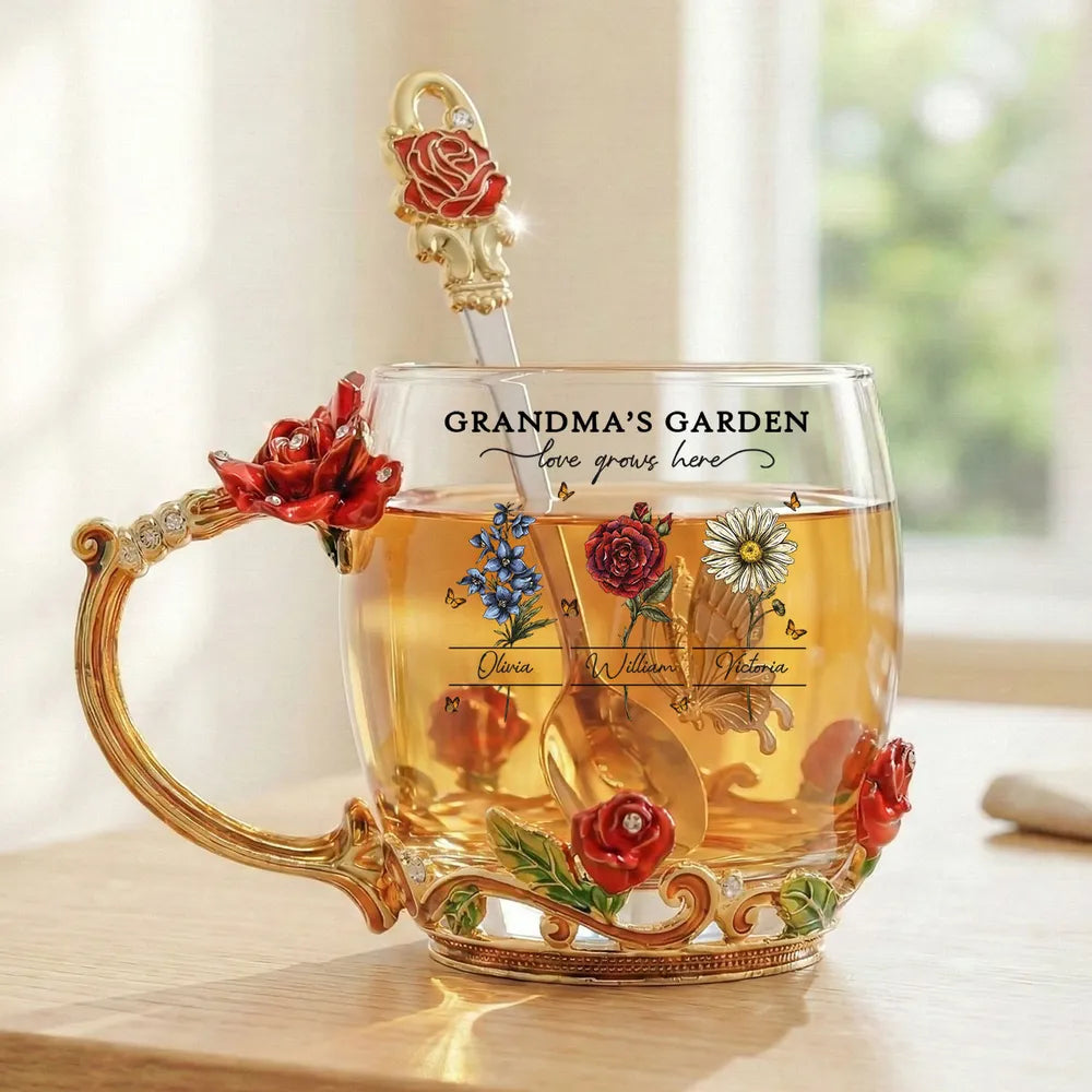 Personalized Grandma's Garden Enamel Flower Tea Cup with Custom Birth Month Flowers, Vintage-Inspired Unique Gift for Grandma