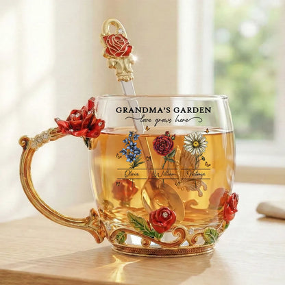 Personalized Grandma's Garden Enamel Flower Tea Cup with Custom Birth Month Flowers, Vintage-Inspired Unique Gift for Grandma