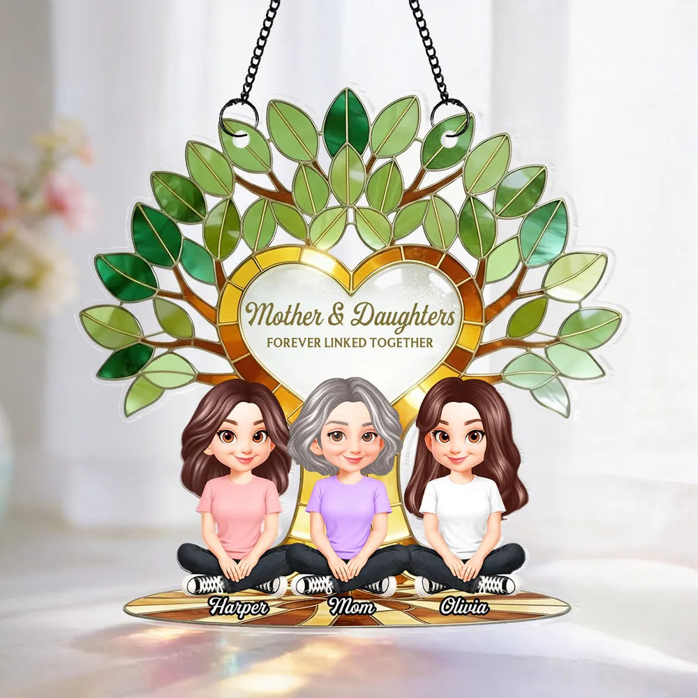 Acrylic Suncatcher Ornament with Mother and Daughters Forever Linked Together - Personalized Sunlit Window Gift for Mom