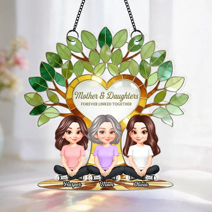 Acrylic Suncatcher Ornament with Mother and Daughters Forever Linked Together - Personalized Sunlit Window Gift for Mom
