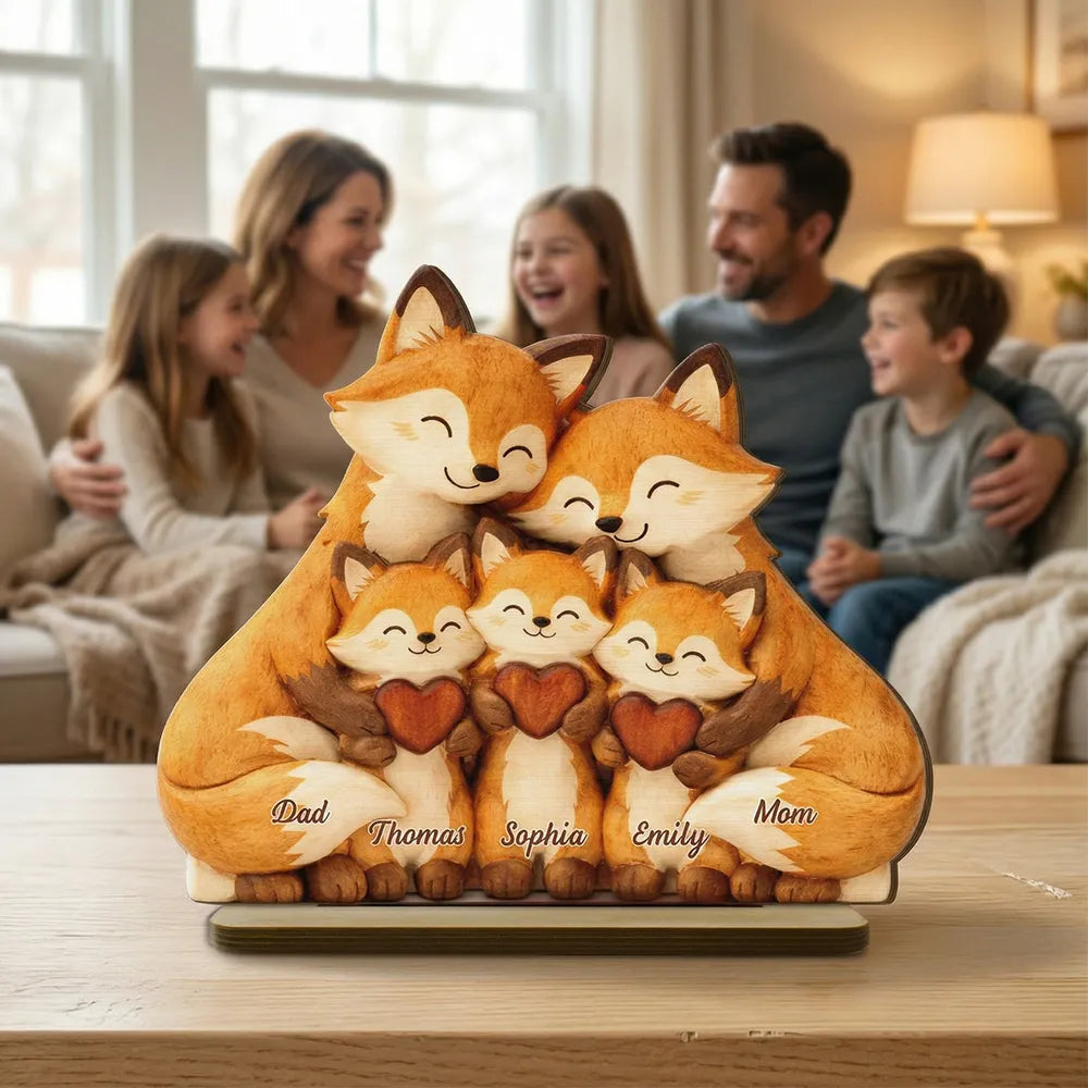 Heartwarming Woodland Fox Family Hug 2-Layer Wooden Plaque, Personalized Keepsake for Mom & Dad - Unique Gift