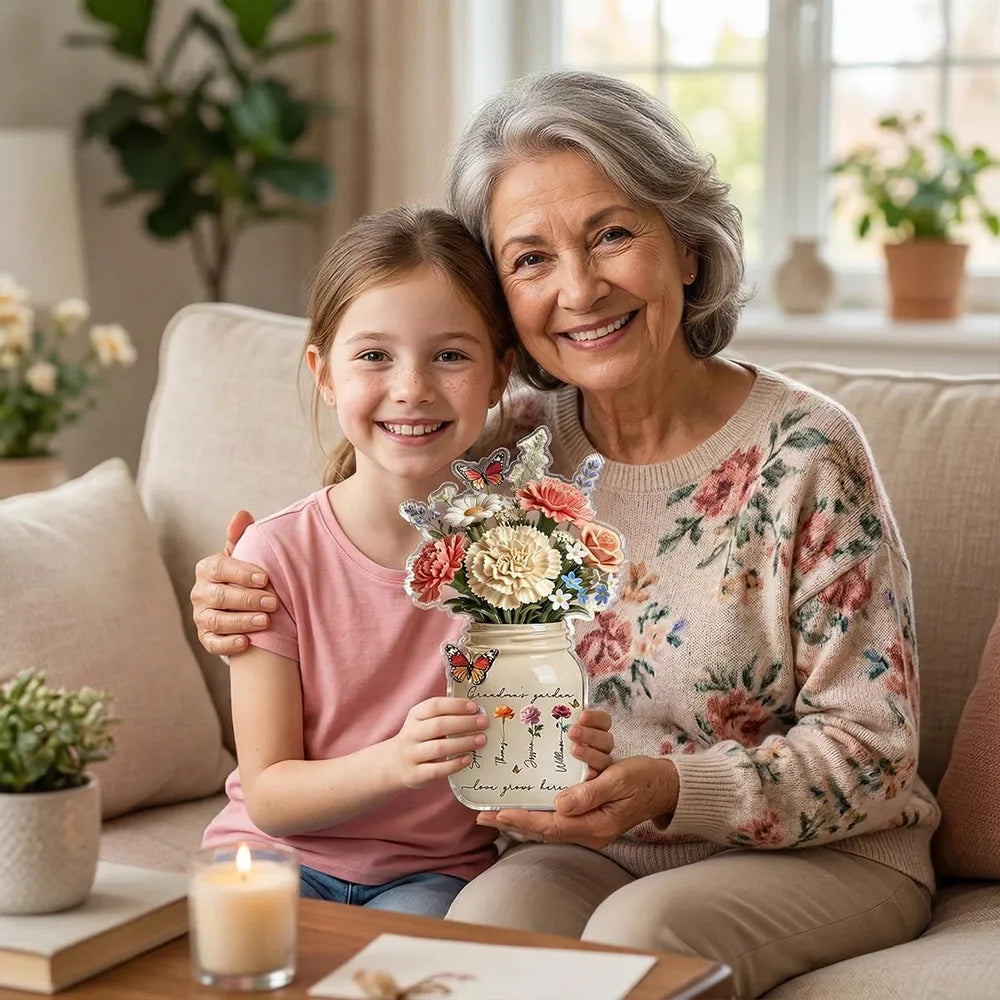 Personalized Shaped Acrylic Block Plaque Grandma's Garden Flower Jar for Shelf Decor, Unique Mother's Day Gift for Grandma