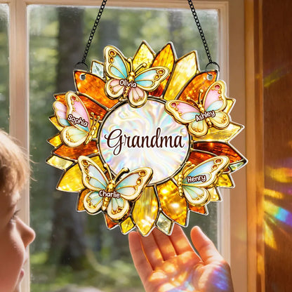 Grandma Sunflower Acrylic Suncatcher Ornament With Butterflies, A Sweet Personalized Gift That Lights Up Her Window