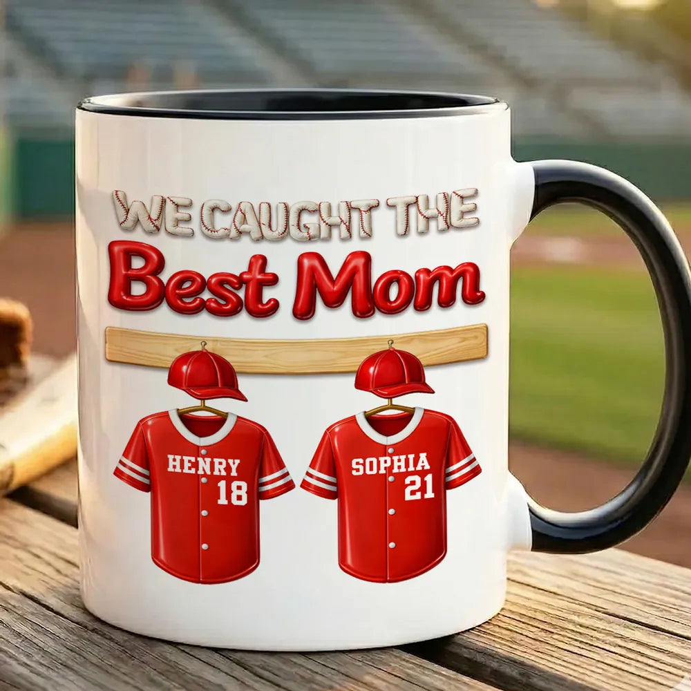 Personalized Baseball Mom Two-Tone Mug 'We Caught The Best Mom' Jersey Design - Unique Gift for Mom