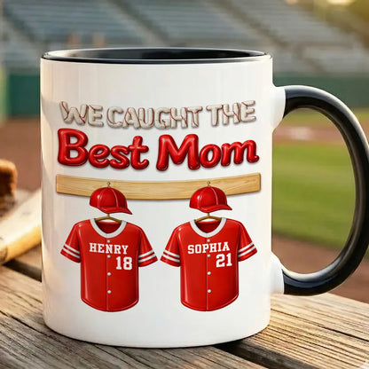 Personalized Baseball Mom Two-Tone Mug 'We Caught The Best Mom' Jersey Design - Unique Gift for Mom