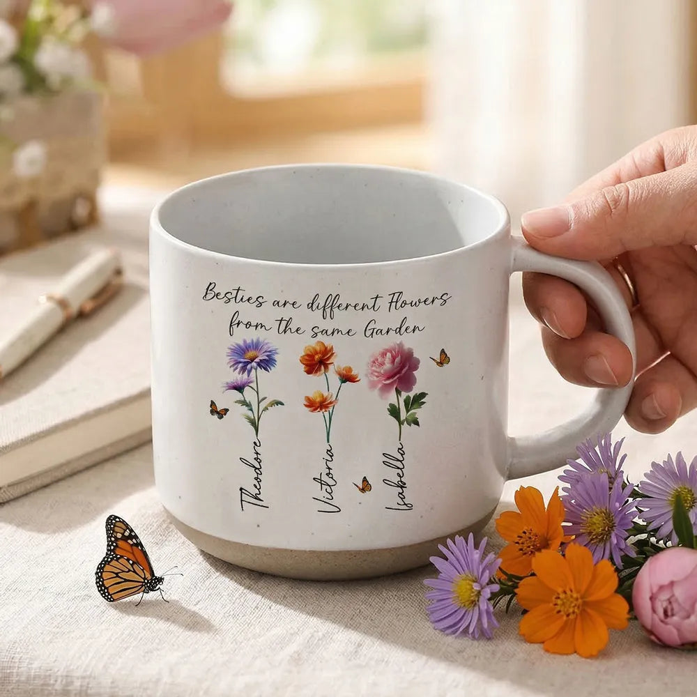 Personalized Pottery Mug with Birth Flowers and Sweet Friendship Quote, Unique Best Friend Gift for Coffee and Tea
