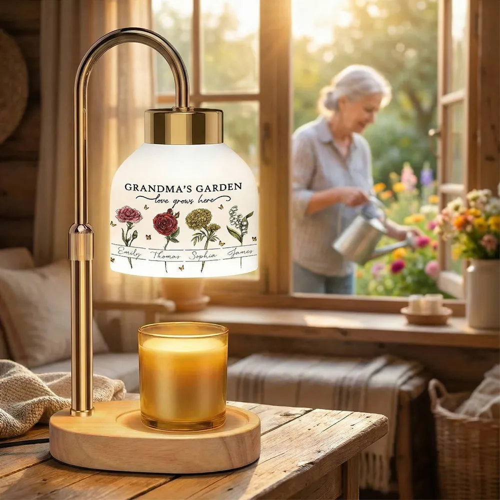 Grandma's Garden Candle Warmer Lamp, Personalized Floral Keepsake for Her Nightstand, Sweet Unique Gift from Grandkids