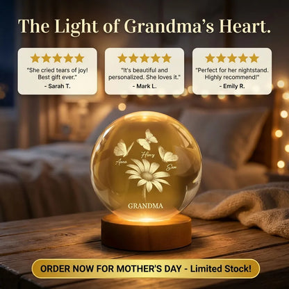Personalized Globe Lamp with Daisy & Butterflies, Cozy Nightstand Glow, Unique Gift for Grandma