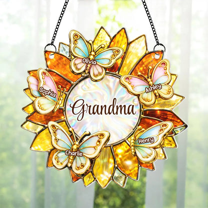 Grandma Sunflower Acrylic Suncatcher Ornament With Butterflies, A Sweet Personalized Gift That Lights Up Her Window