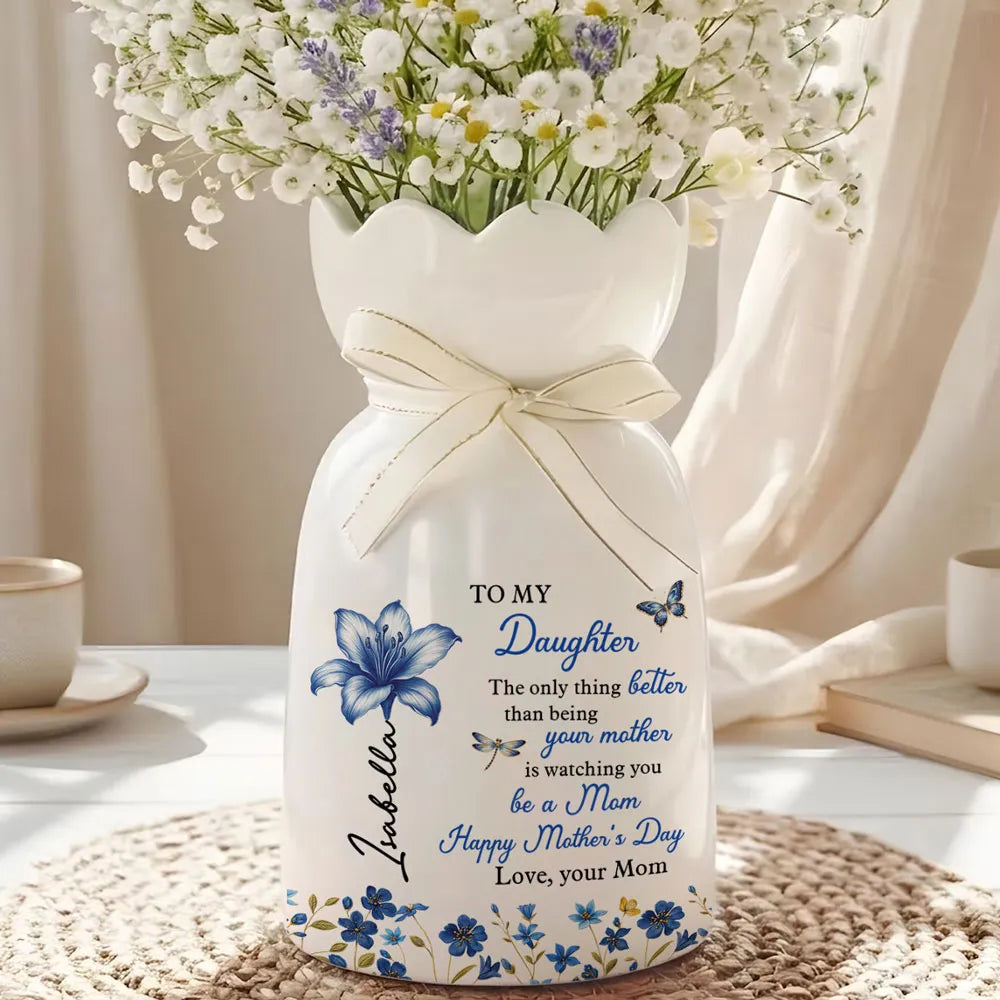 Scalloped Rim Ceramic Vase Personalized for Daughter, Happy Watching You Grow Mother's Day Gift, Heartwarming Home Decor