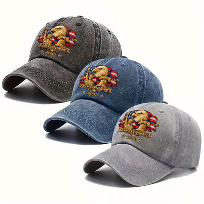 Personalized Washed Denim Baseball Cap with Patriotic Eagle Flag 250th Anniversary Design - Unique Gift for History Lovers