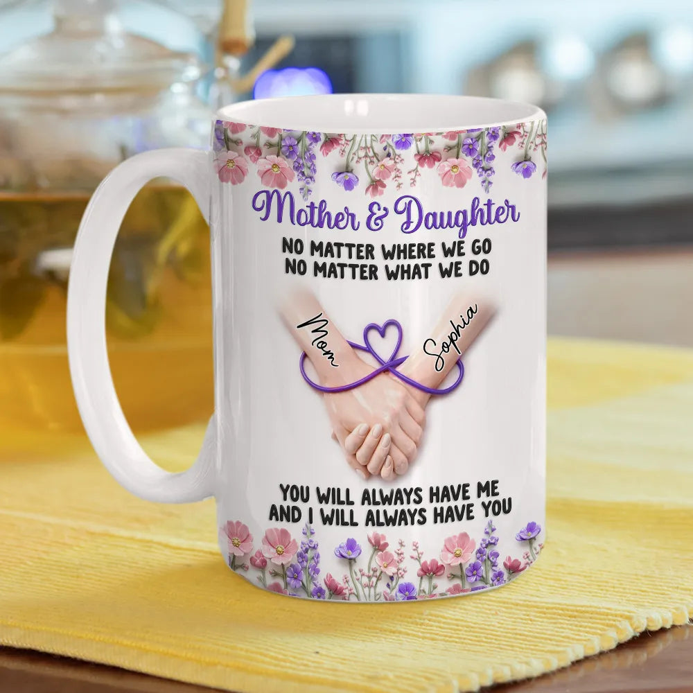 Mother & Daughter Ceramic Mug, Personalized Name Style Keepsake, Purple Floral Holding Hands Art, Thoughtful Gift for Daughter