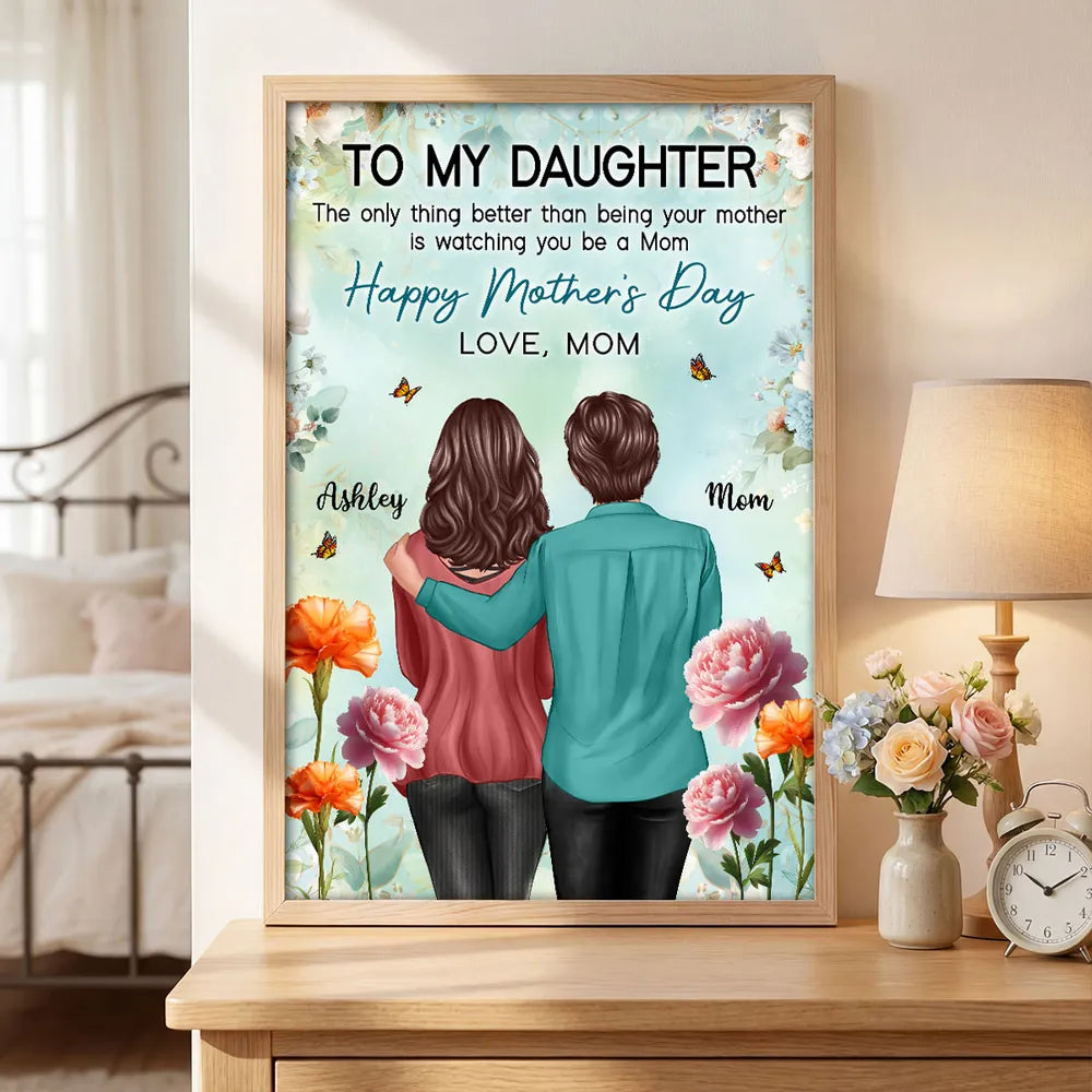 Personalized Mother's Day Poster, Mom and Daughter Hugging Back View Floral Wall Art, Unique Gift for Daughter from Mom
