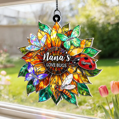 Nana's Love Bugs Acrylic Suncatcher Ornament, Personalized Sunflower Window Decor That Catches Sunlight, Thoughtful Gift