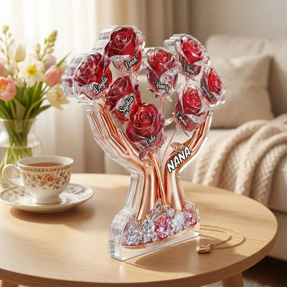 Personalized Shaped Acrylic Block Plaque with Grandma Hands Rose Bouquet - Unique Mother's Day Gift for Grandma