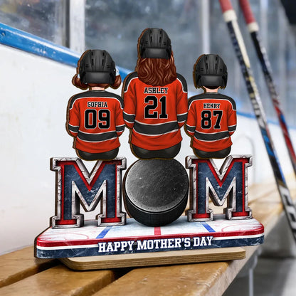 Personalized Hockey Mom 2-Layer Wooden Plaque, Back-View Mom and Kids on Rink Bench, Unique Mother's Day Gift