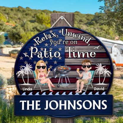 Relax & Unwind Wooden Sign, Cute Patio Grill Cartoon, Creative Gift for Family Outdoor Decor