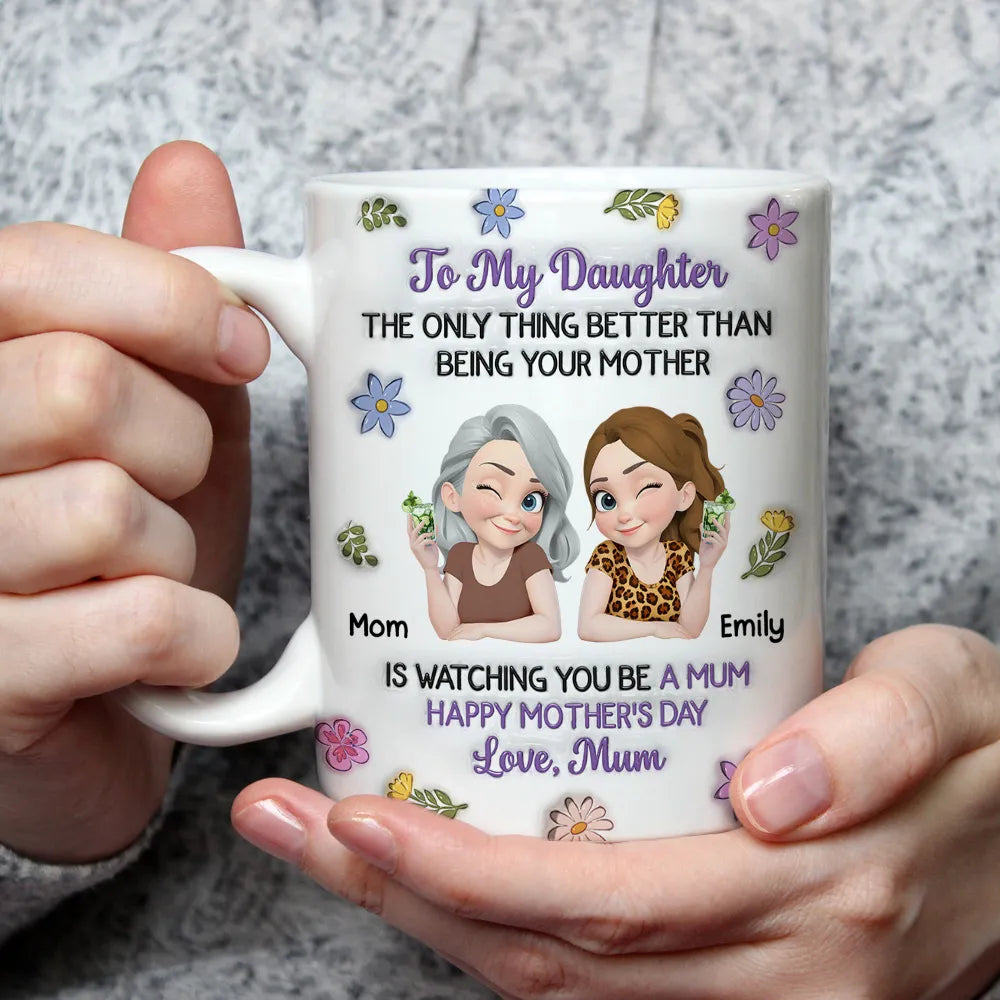 Personalized Mother Daughter Ceramic Mug with Cute Cartoon and Floral Accents - Unique Mother's Day Gift for Your Daughter