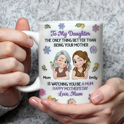 Personalized Mother Daughter Ceramic Mug with Cute Cartoon and Floral Accents - Unique Mother's Day Gift for Your Daughter