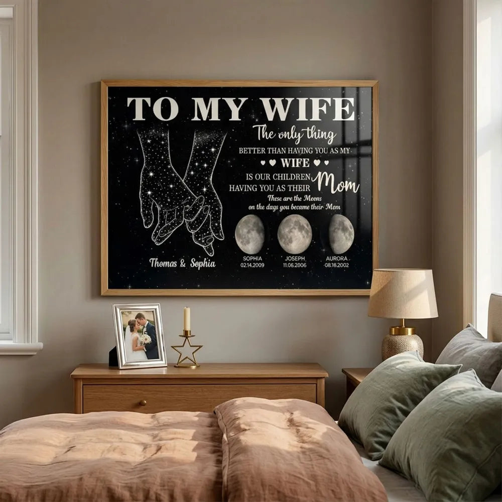 Personalized To My Wife Moon Phase Poster, Hand-Holding Starry Night Wall Art, Unique Gift for Wife and Mom