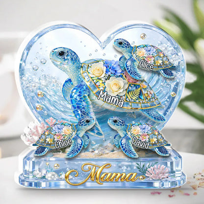 Personalized Shaped Acrylic Block Plaque with Sea Turtles & Ocean Flowers - Unique Gift for Grandma or Mom