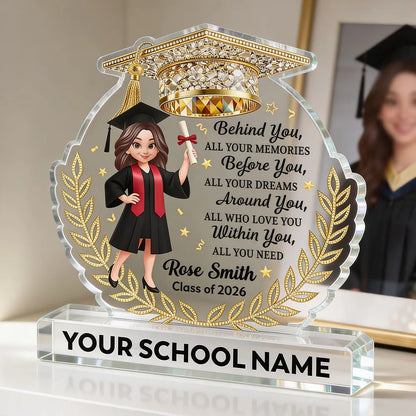 Personalized Shaped Acrylic Block Plaque Graduation Girl With Cap Quote, Unique Keepsake Gift for Grad, Shiny Gold Look Decor