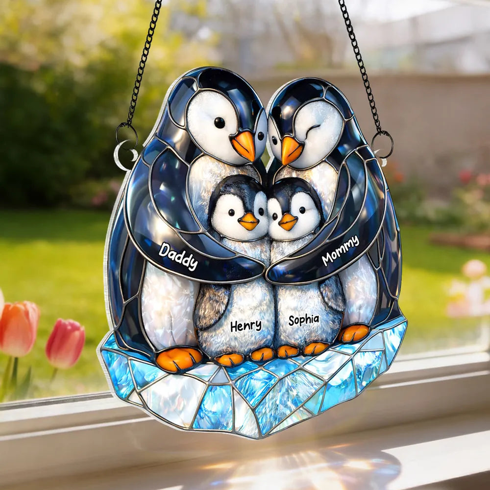 Personalized Penguin Family Acrylic Suncatcher Ornament for Window Decor, Cute Sunlight Reflection, Unique Gift for Mom
