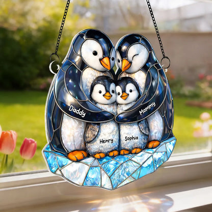 Personalized Penguin Family Acrylic Suncatcher Ornament for Window Decor, Cute Sunlight Reflection, Unique Gift for Mom
