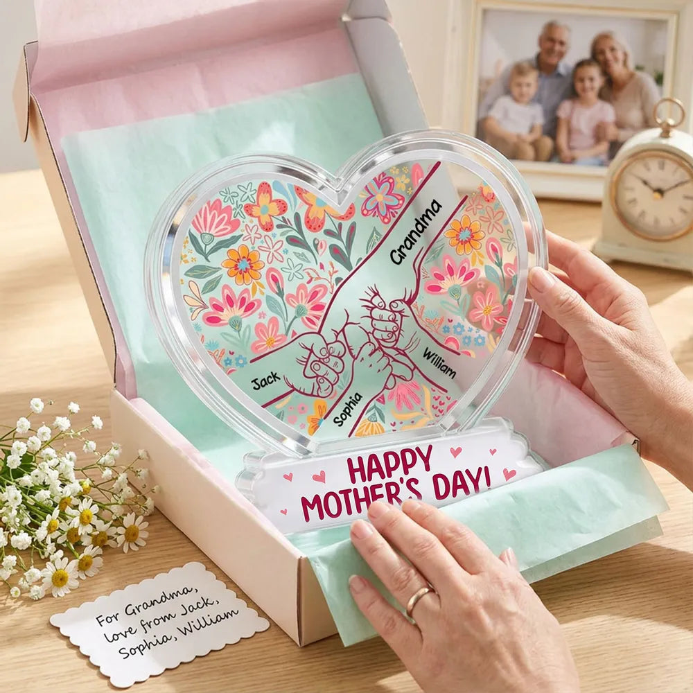Personalized Shaped Acrylic Block Plaque with Kids Holding Hands, Floral Boho Heart Decor, Unique Mother's Day Gift for Mom