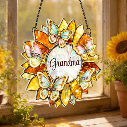 Grandma Sunflower Acrylic Suncatcher Ornament With Butterflies, A Sweet Personalized Gift That Lights Up Her Window