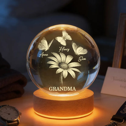 Personalized Globe Lamp with Daisy & Butterflies, Cozy Nightstand Glow, Unique Gift for Grandma