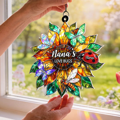 Nana's Love Bugs Acrylic Suncatcher Ornament, Personalized Sunflower Window Decor That Catches Sunlight, Thoughtful Gift