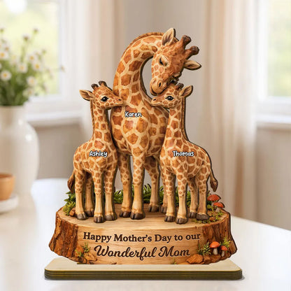 Personalized 2-Layer Wooden Plaque with Giraffe Mom and Calves, Mother's Day Keepsake, Unique Gift for Mom