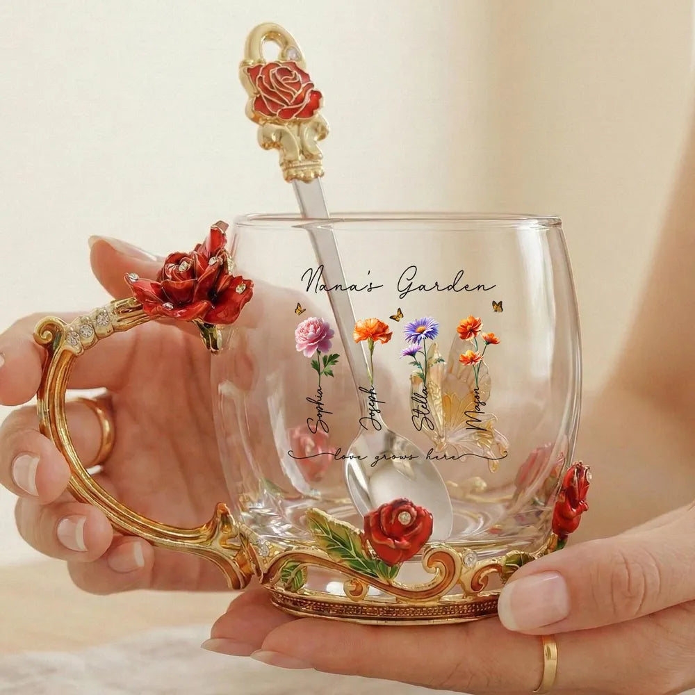 Personalized Enamel Flower Tea Cup, Nana's Garden Floral Gift for Grandma, A Unique Tea Time Keepsake
