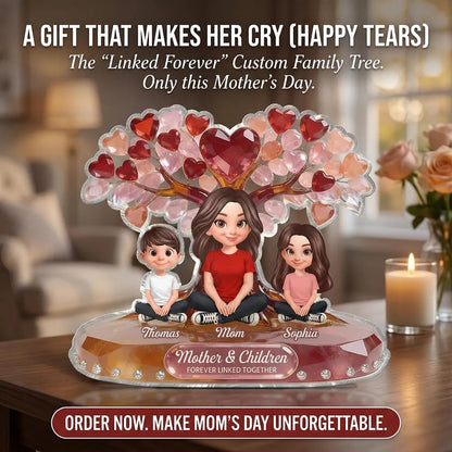Personalized Shaped Acrylic Block Plaque Mom With Kids Under Heart Tree - Unique Mother's Day Gift, Forever Linked Decor