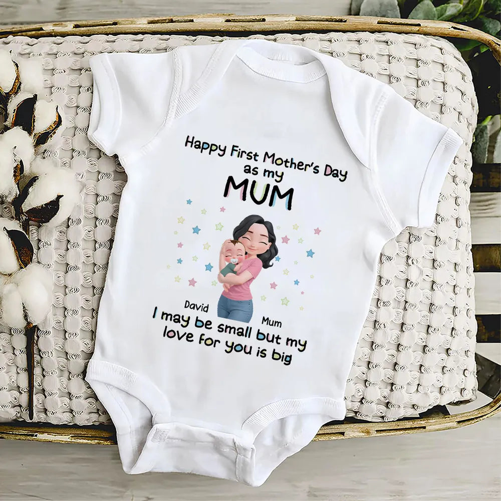 Personalized Short Sleeve Baby Onesie 'Happy First Mother's Day as my Mom' Cute Mom & Baby Hug Gift for New Mom