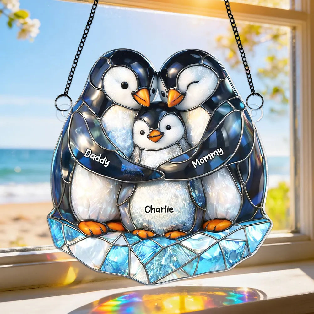 Personalized Penguin Family Acrylic Suncatcher Ornament for Window Decor, Cute Sunlight Reflection, Unique Gift for Mom