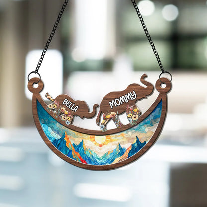 Personalized Elephant Family Wood and Acrylic Layered Ornament, Colorful Sunset Suncatcher Style, Unique Gift for Mom or Grandma