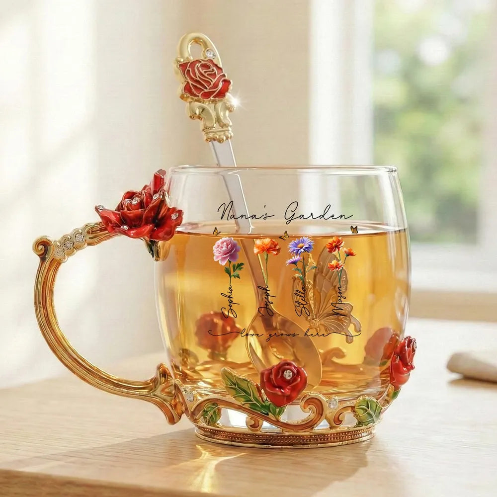 Personalized Enamel Flower Tea Cup, Nana's Garden Floral Gift for Grandma, A Unique Tea Time Keepsake