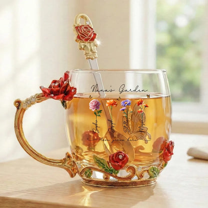 Personalized Enamel Flower Tea Cup, Nana's Garden Floral Gift for Grandma, A Unique Tea Time Keepsake