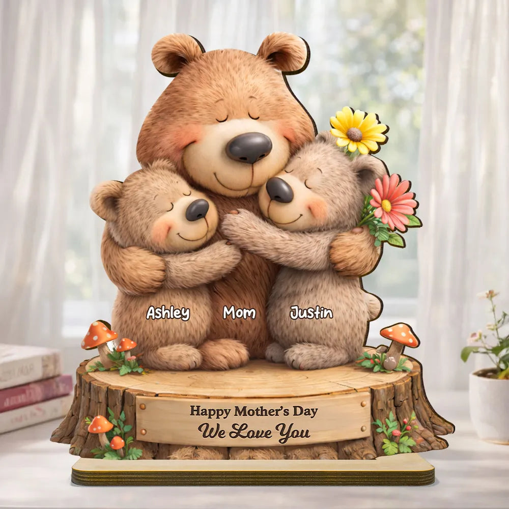 Personalized 2-Layer Wooden Plaque with Hugging Bear Mom and Child, Mother's Day Living Room Display, Unique Gift for Mom